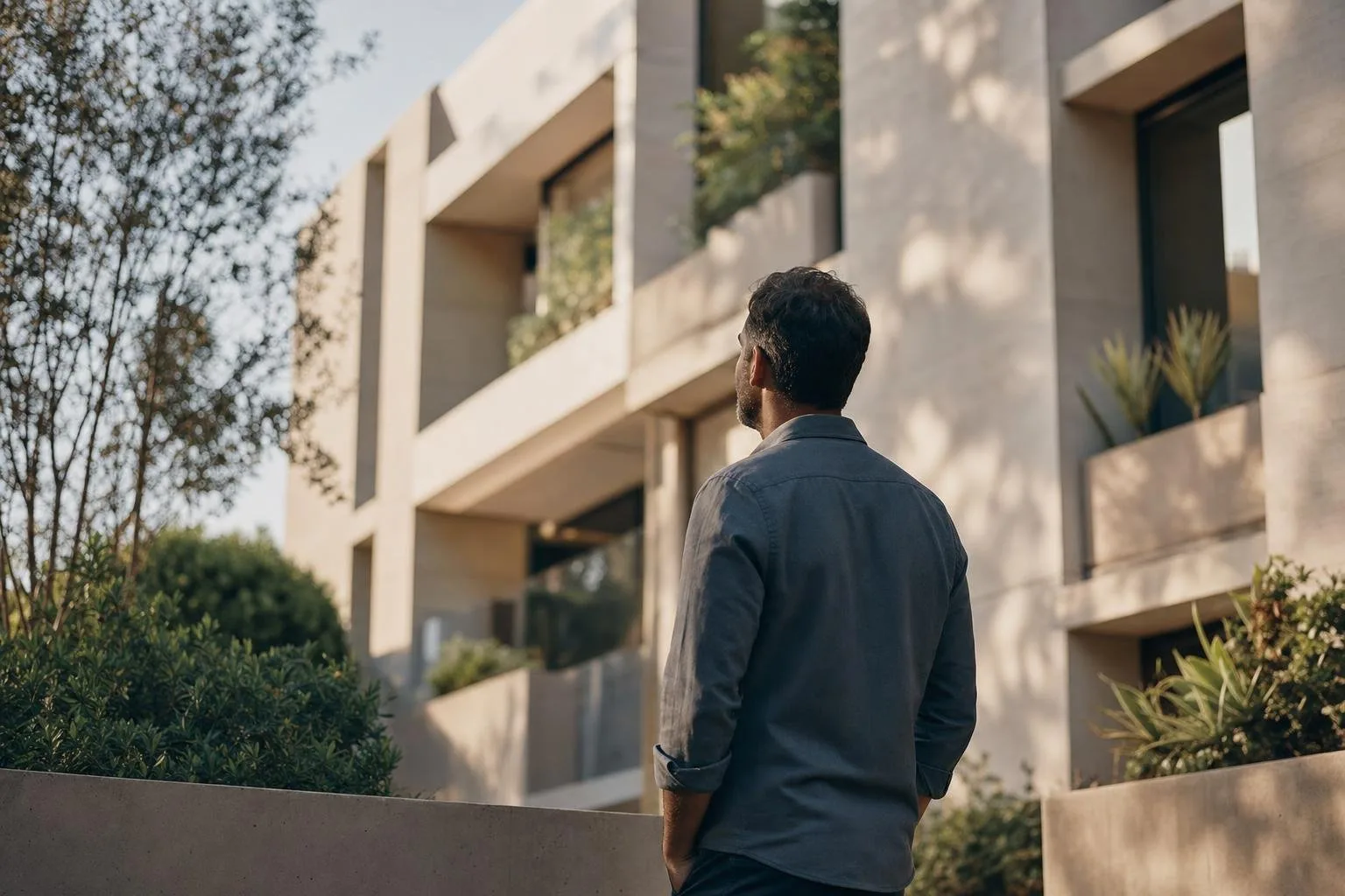 Modern mixed-use development with landscaped public realm